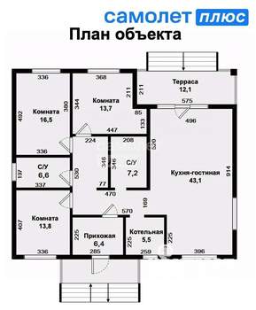Коттедж 143м², 1-этажный, участок 10 сот.  
