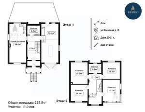 Коттедж 253м², 2-этажный, участок 12 сот.  