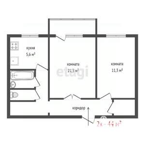 2-к квартира, на длительный срок, 44м2, 1/5 этаж