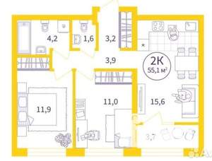 2-к квартира, на длительный срок, 55м2, 8/24 этаж
