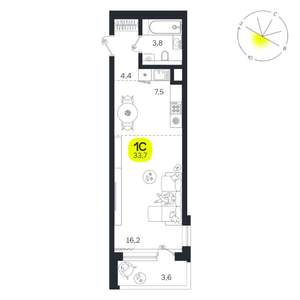Студия квартира, вторичка, 34м2, 2/27 этаж
