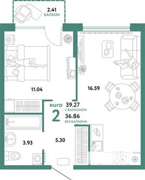 2-к квартира, строящийся дом, 39м2, 7/24 этаж