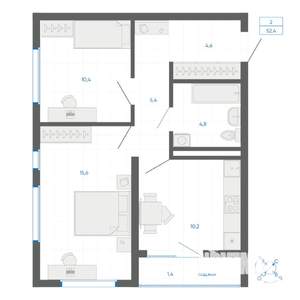 2-к квартира, строящийся дом, 52м2, 20/32 этаж
