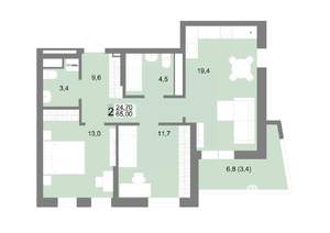2-к квартира, строящийся дом, 65м2, 22/25 этаж