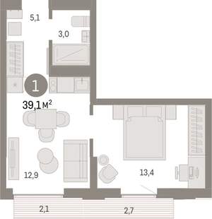 1-к квартира, вторичка, 39м2, 8/16 этаж