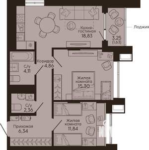 2-к квартира, вторичка, 65м2, 6/18 этаж