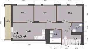 3-к квартира, строящийся дом, 64м2, 3/19 этаж