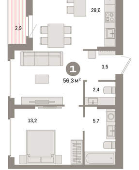 1-к квартира, вторичка, 56м2, 9/9 этаж