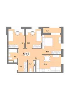 3-к квартира, вторичка, 70м2, 13/22 этаж