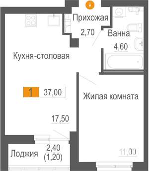 1-к квартира, строящийся дом, 37м2, 2/25 этаж