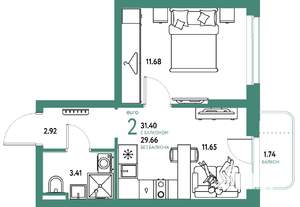 2-к квартира, строящийся дом, 31м2, 10/24 этаж