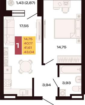 1-к квартира, вторичка, 43м2, 5/30 этаж