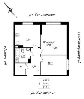 2-к квартира, строящийся дом, 55м2, 14/25 этаж