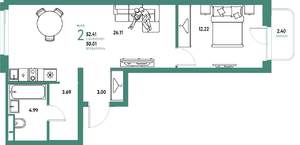 2-к квартира, вторичка, 52м2, 9/24 этаж