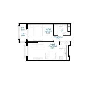 1-к квартира, строящийся дом, 43м2, 2/30 этаж