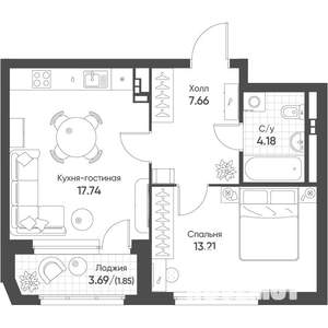 1-к квартира, вторичка, 44м2, 13/16 этаж