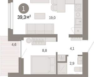 1-к квартира, вторичка, 39м2, 4/9 этаж