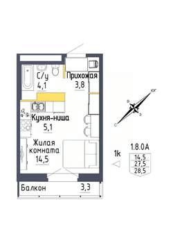 1-к квартира, строящийся дом, 29м2, 5/9 этаж