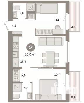 2-к квартира, вторичка, 56м2, 4/9 этаж