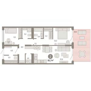 2-к квартира, вторичка, 96м2, 1/9 этаж