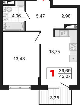 1-к квартира, вторичка, 43м2, 3/25 этаж
