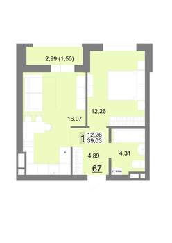 1-к квартира, строящийся дом, 39м2, 8/22 этаж