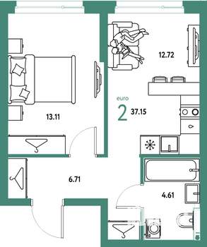 2-к квартира, вторичка, 37м2, 15/24 этаж