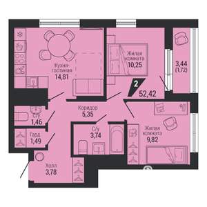 2-к квартира, вторичка, 52м2, 25/26 этаж