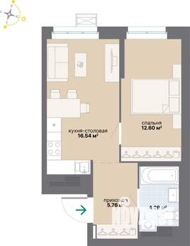 1-к квартира, вторичка, 39м2, 16/25 этаж