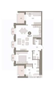 2-к квартира, вторичка, 97м2, 8/9 этаж