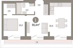 1-к квартира, вторичка, 55м2, 7/7 этаж