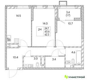 2-к квартира, вторичка, 62м2, 13/30 этаж
