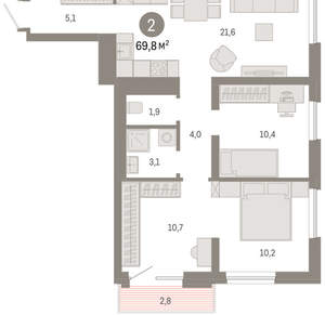 2-к квартира, вторичка, 70м2, 5/8 этаж