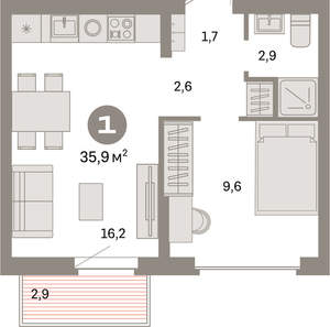 1-к квартира, вторичка, 36м2, 9/9 этаж
