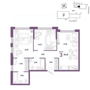 3-к квартира, вторичка, 59м2, 12/24 этаж