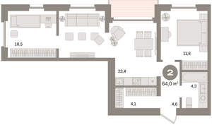 2-к квартира, вторичка, 64м2, 16/24 этаж