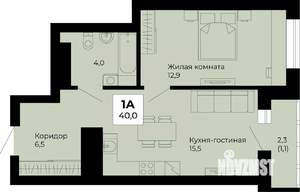 1-к квартира, строящийся дом, 40м2, 21/25 этаж