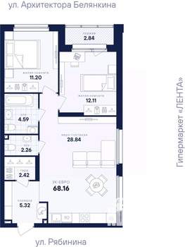 2-к квартира, вторичка, 68м2, 25/26 этаж