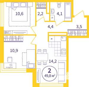 2-к квартира, вторичка, 50м2, 2/8 этаж