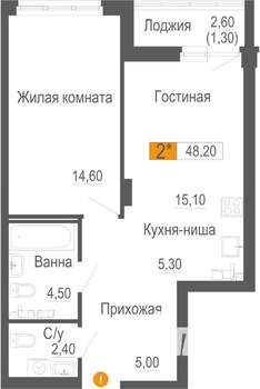 2-к квартира, строящийся дом, 48м2, 3/25 этаж