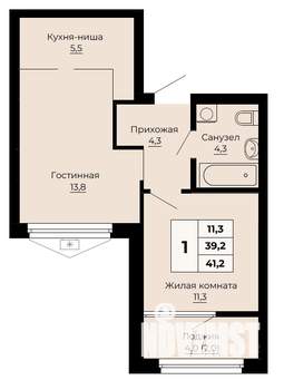 1-к квартира, строящийся дом, 41м2, 16/24 этаж