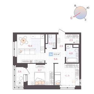 2-к квартира, строящийся дом, 57м2, 12/25 этаж