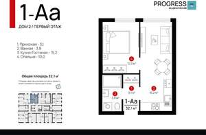 1-к квартира, вторичка, 32м2, 1/18 этаж