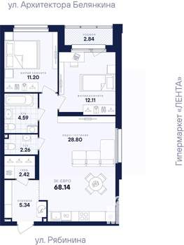 2-к квартира, вторичка, 68м2, 9/26 этаж