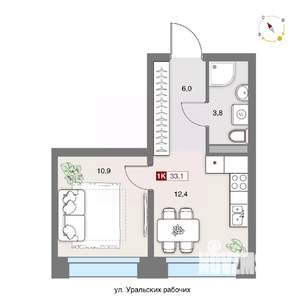 1-к квартира, вторичка, 33м2, 3/8 этаж