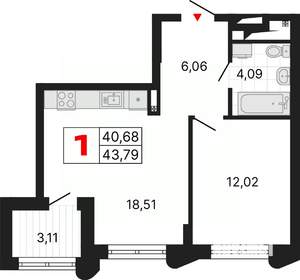 1-к квартира, вторичка, 44м2, 19/25 этаж