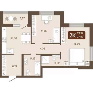 2-к квартира, вторичка, 60м2, 23/24 этаж