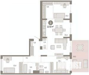 3-к квартира, вторичка, 112м2, 1/9 этаж