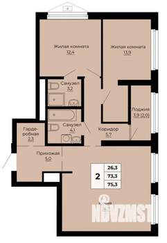 2-к квартира, строящийся дом, 75м2, 17/24 этаж