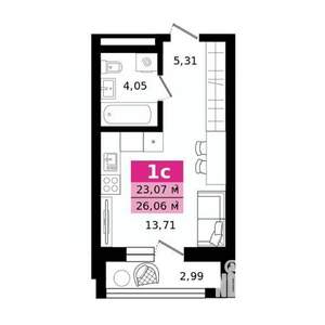 Студия квартира, строящийся дом, 26м2, 14/23 этаж